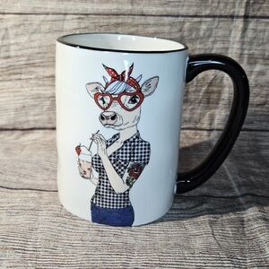 Signature Stoneware Hipster Emo Cow Animal Tattooed Coffee Mug